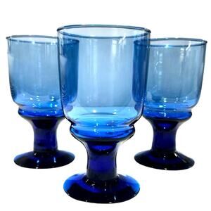 Cobalt Blue Large Vintage Footed Water/Iced Tea Goblets-Set of 3-Excellent